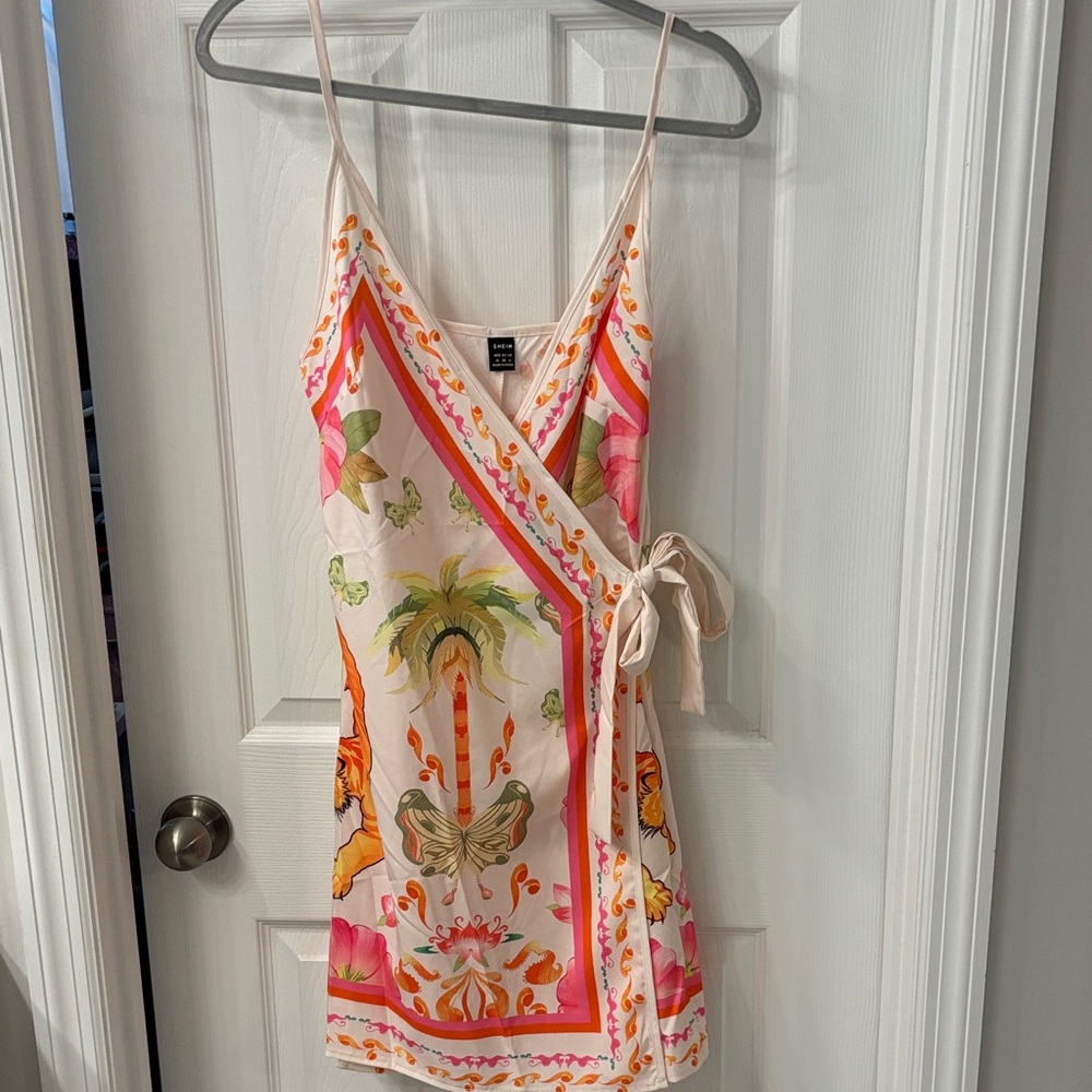 SHEIN Floral Print Wrap Dress in Cream and Pink